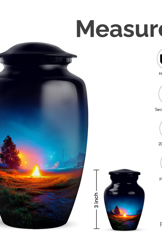 Sky Blue Campfire Cremation Urn close-up of engraving and surface detail - classic sculpted campfire pattern on smooth aluminum - mini keepsake memorial for portion of cremation ashes