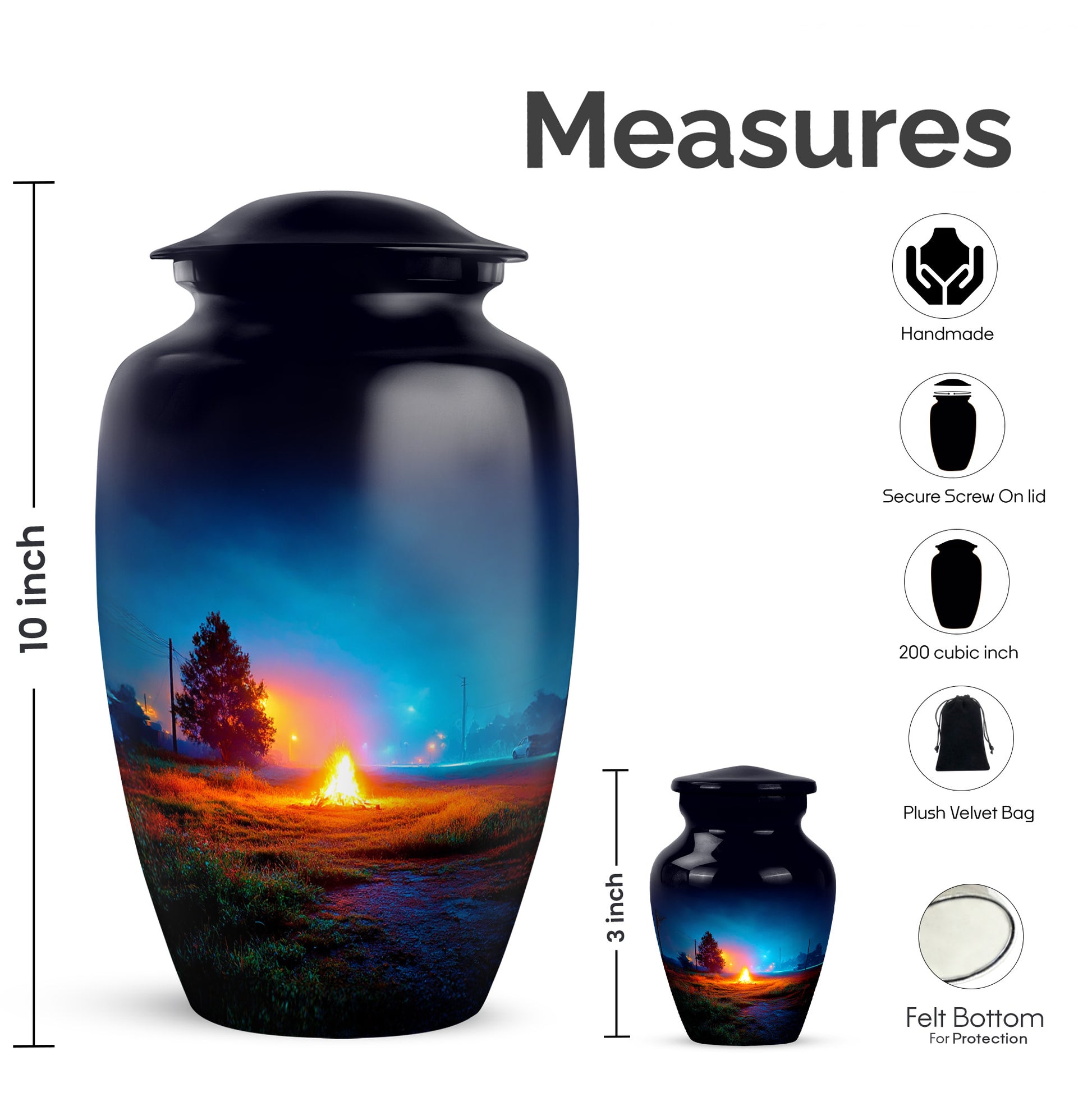 Sky Blue Campfire Cremation Urn close-up of engraving and surface detail - classic sculpted campfire pattern on smooth aluminum - mini keepsake memorial for portion of cremation ashes