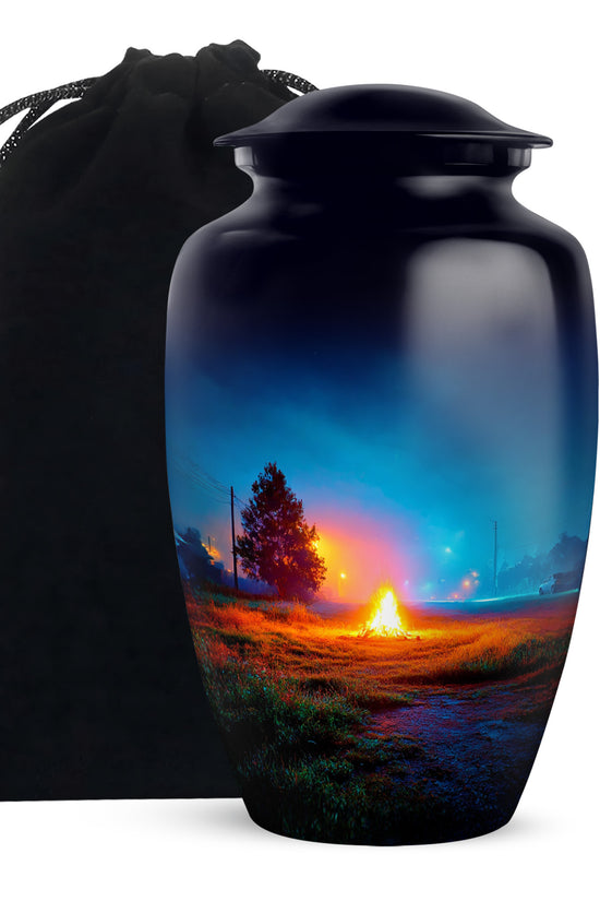 Royal Blue Campfire Cremation Urn angled view of lid and engraved motif - elegant classic campfire relief with fine detailing - full-size 10 inch 200 cubic inch adult cremation urn