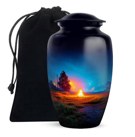 Royal Blue Campfire Cremation Urn angled view of lid and engraved motif - elegant classic campfire relief with fine detailing - full-size 10 inch 200 cubic inch adult cremation urn