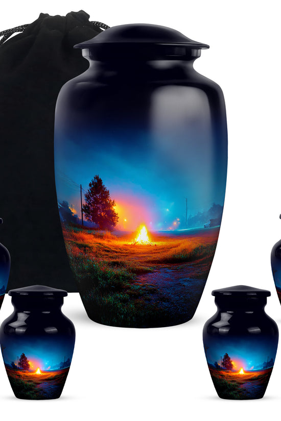 Soft Blue Campfire Cremation Urn top-down view of secure threaded lid - traditional campfire engraving with hand-polished finish - memorial set with one large and four small urns