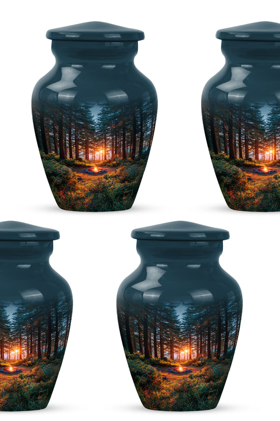 Calming Blue Campfire Cremation Urn side profile showing urn shape - elegant classic campfire relief with fine detailing - 10 inch aluminum urn for cremated remains
