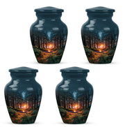 Calming Blue Campfire Cremation Urn side profile showing urn shape - elegant classic campfire relief with fine detailing - 10 inch aluminum urn for cremated remains
