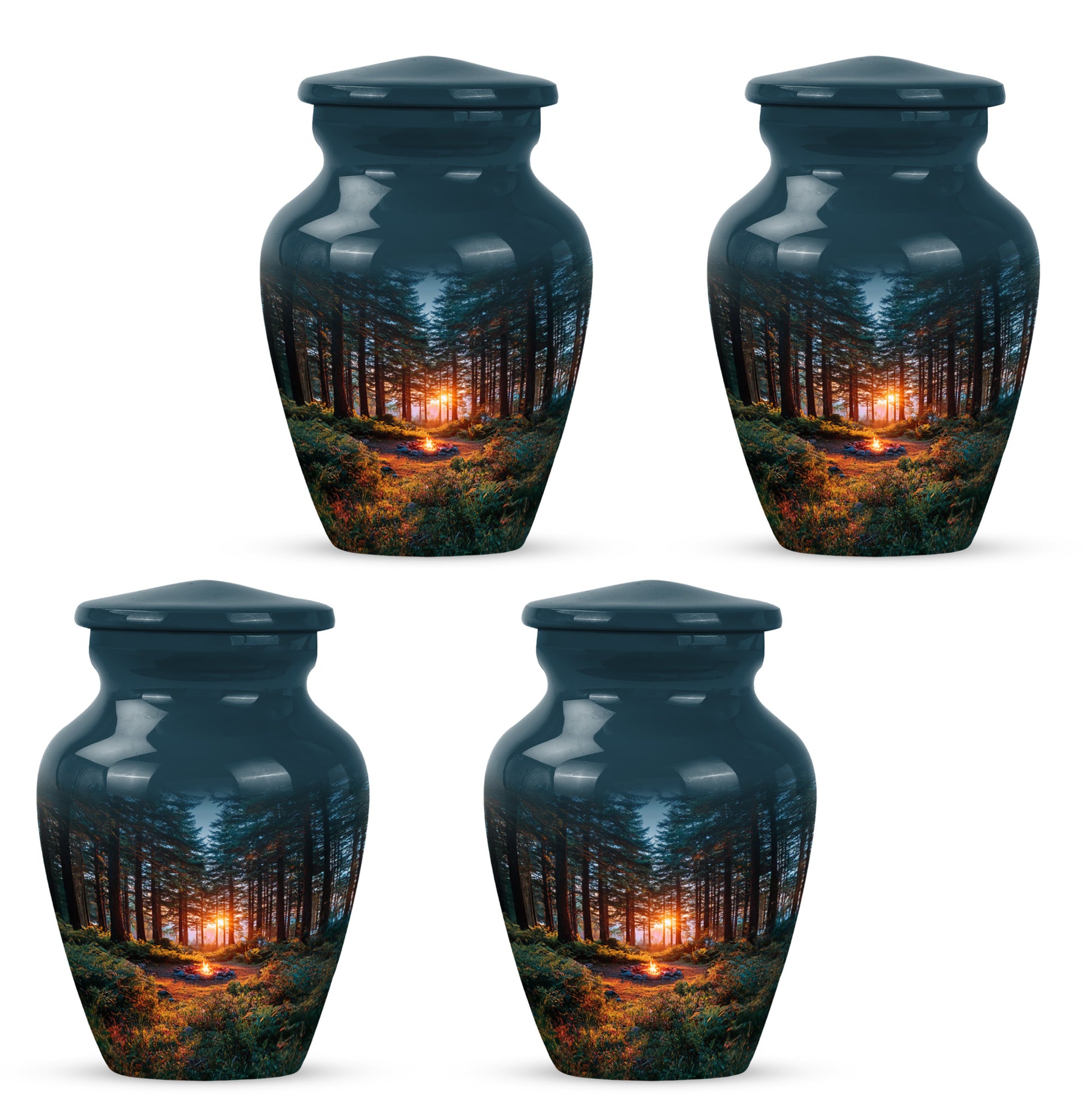 Calming Blue Campfire Cremation Urn side profile showing urn shape - elegant classic campfire relief with fine detailing - 10 inch aluminum urn for cremated remains