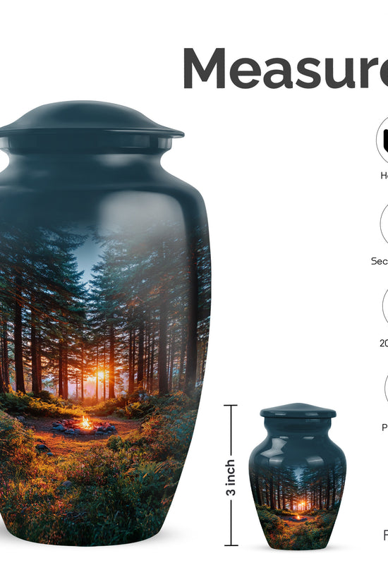 Bright Blue Campfire Cremation Urn close-up of engraving and surface detail - elegant classic campfire relief with fine detailing - mini keepsake memorial for portion of cremation ashes