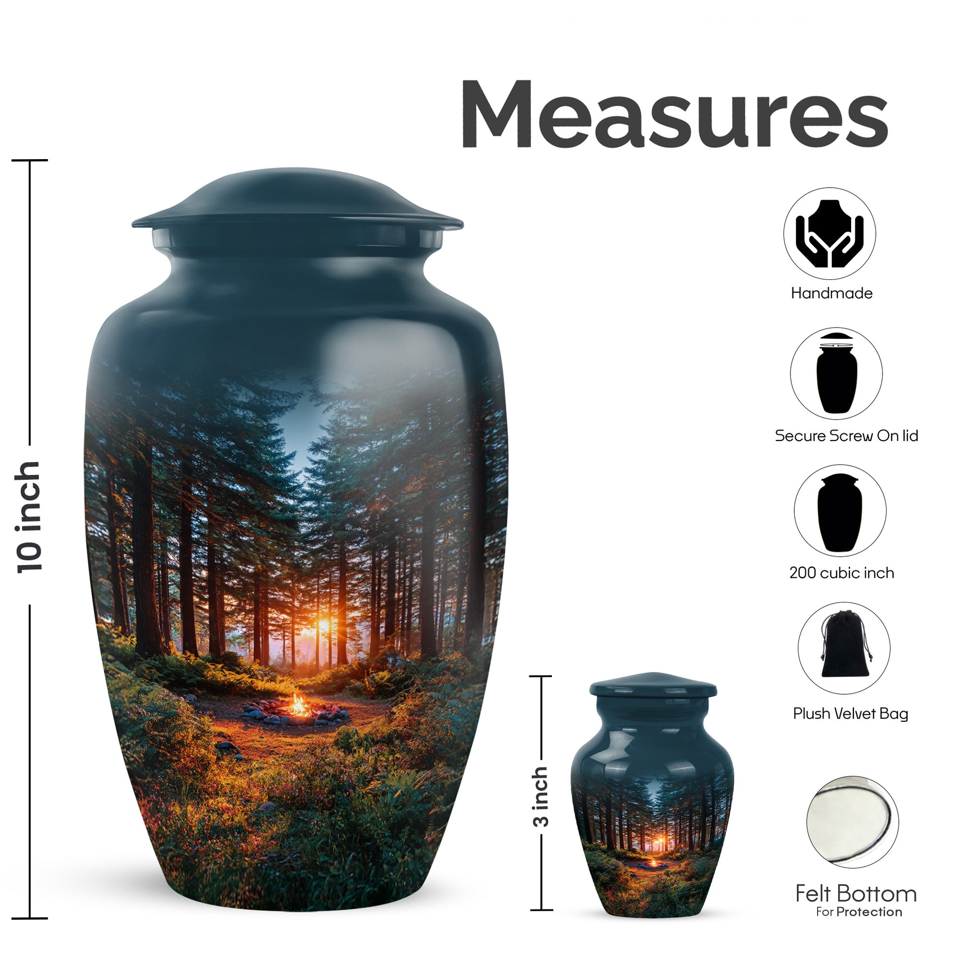 Bright Blue Campfire Cremation Urn close-up of engraving and surface detail - elegant classic campfire relief with fine detailing - mini keepsake memorial for portion of cremation ashes