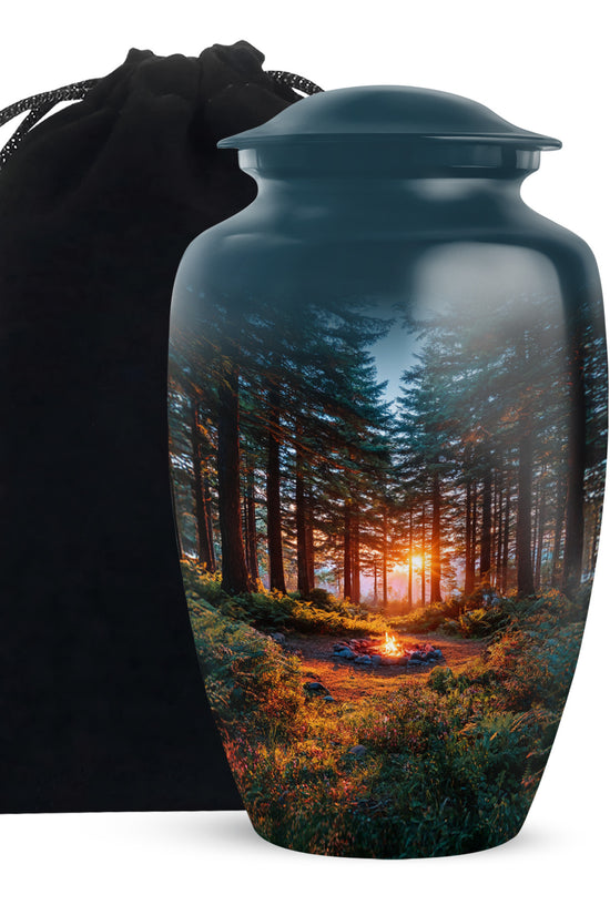 Serene Blue Campfire Cremation Urn angled view of lid and engraved motif - elegant classic campfire relief with fine detailing - full-size 10 inch 200 cubic inch adult cremation urn
