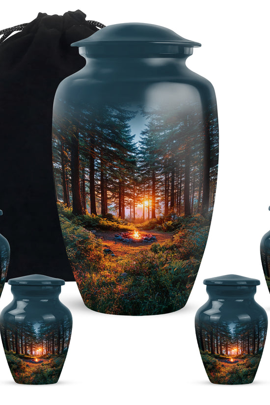 Calming Blue Campfire Cremation Urn top-down view of secure threaded lid - traditional campfire engraving with hand-polished finish - memorial set with one large and four small urns