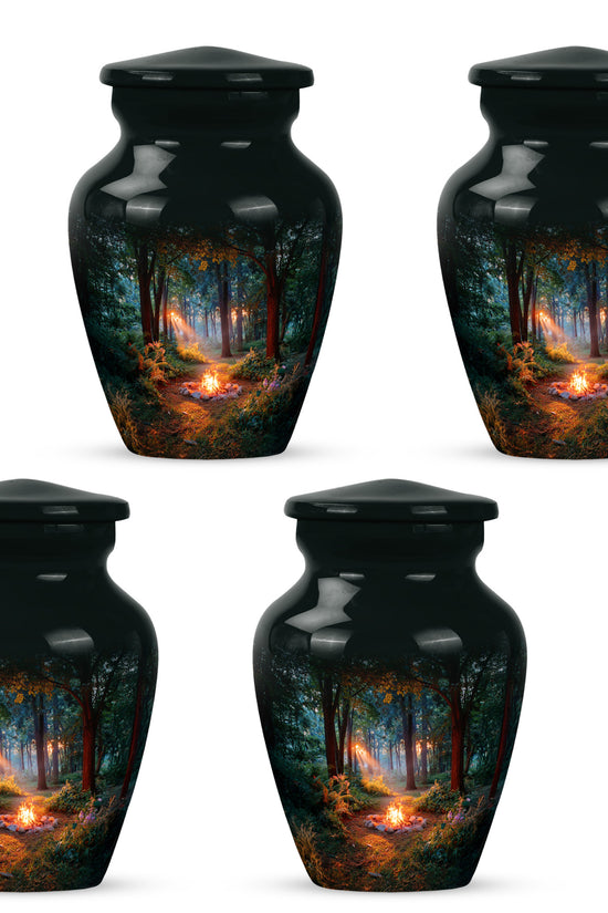 Ebony Campfire Cremation Urn side profile showing urn shape - timeless campfire motif etched into premium metal - 10 inch aluminum urn for cremated remains