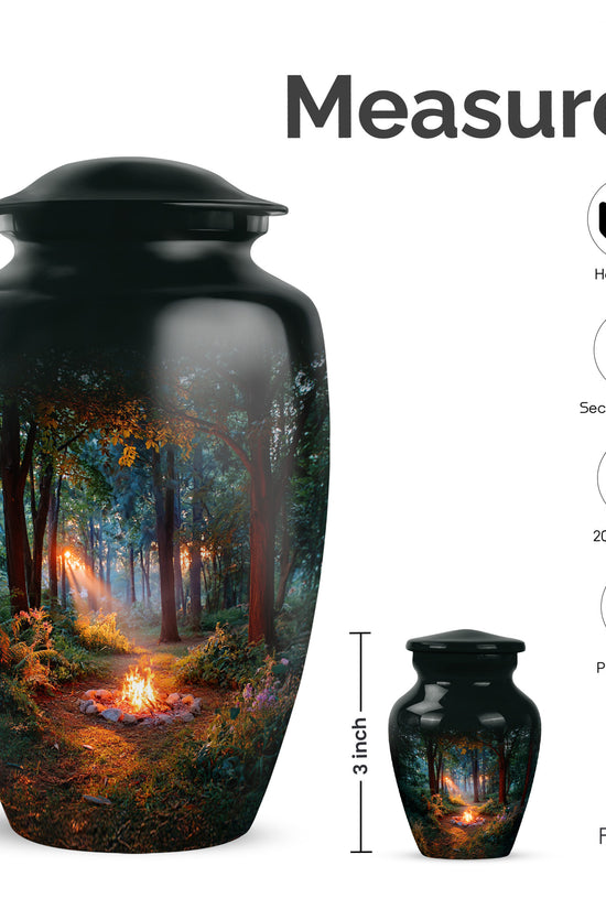 Dark Black Campfire Cremation Urn close-up of engraving and surface detail - elegant classic campfire relief with fine detailing - mini keepsake memorial for portion of cremation ashes