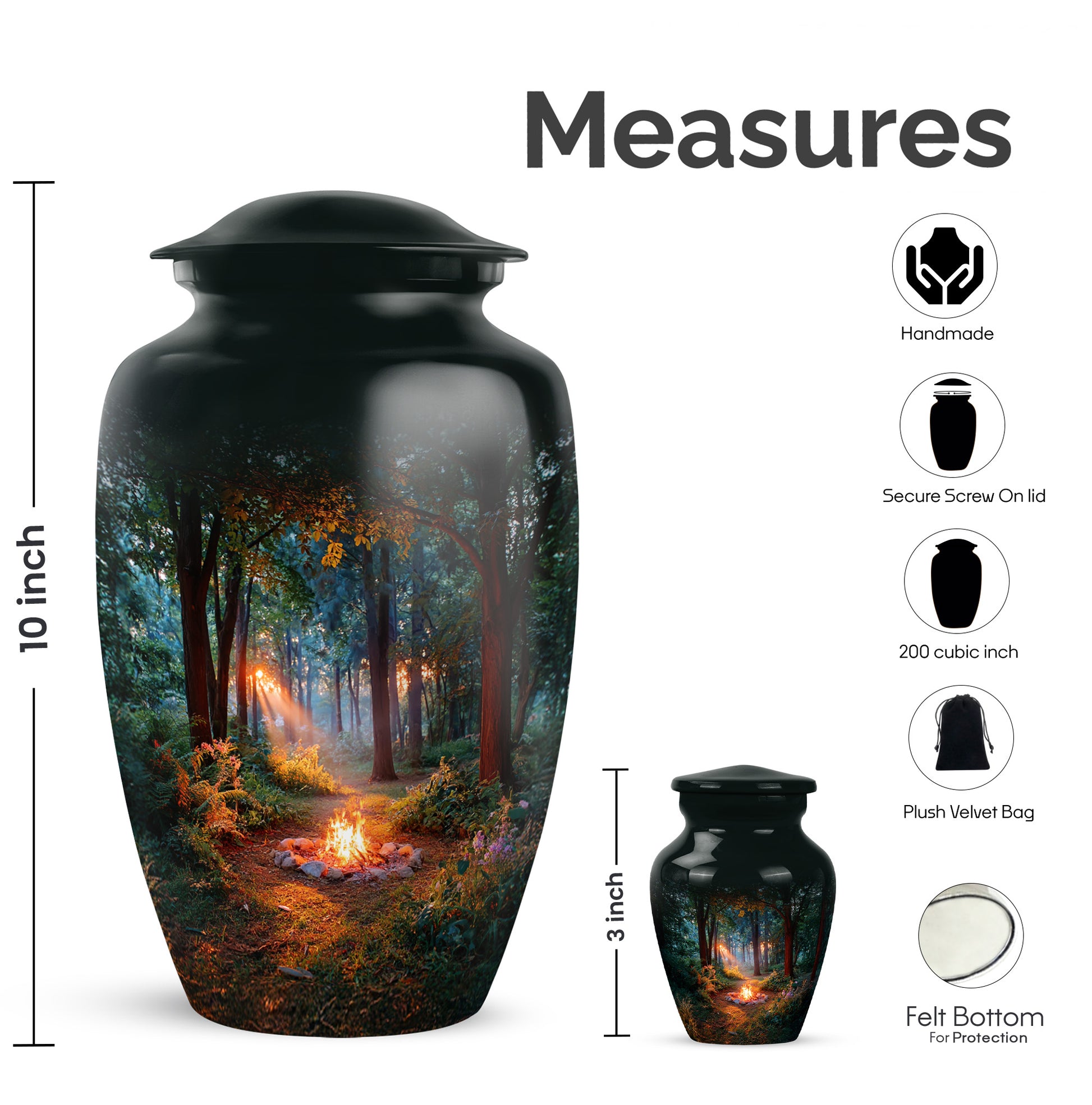 Dark Black Campfire Cremation Urn close-up of engraving and surface detail - elegant classic campfire relief with fine detailing - mini keepsake memorial for portion of cremation ashes