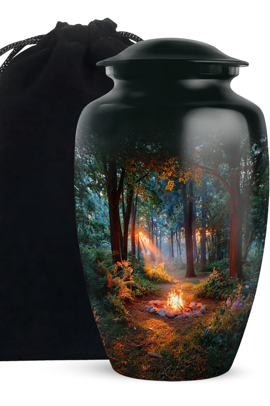 Rich Black Campfire Cremation Urn angled view of lid and engraved motif - classic sculpted campfire pattern on smooth aluminum - full-size 10 inch 200 cubic inch adult cremation urn