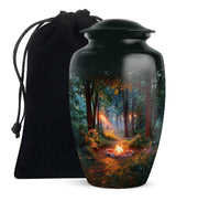 Rich Black Campfire Cremation Urn angled view of lid and engraved motif - classic sculpted campfire pattern on smooth aluminum - full-size 10 inch 200 cubic inch adult cremation urn