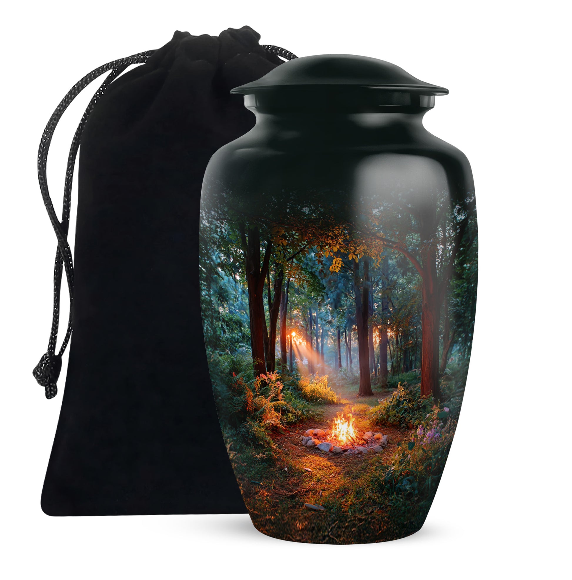 Rich Black Campfire Cremation Urn angled view of lid and engraved motif - classic sculpted campfire pattern on smooth aluminum - full-size 10 inch 200 cubic inch adult cremation urn