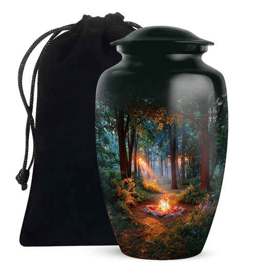 Rich Black Campfire Cremation Urn angled view of lid and engraved motif - classic sculpted campfire pattern on smooth aluminum - full-size 10 inch 200 cubic inch adult cremation urn