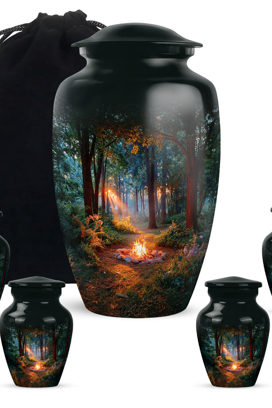 Jet Black Campfire Cremation Urn top-down view of secure threaded lid - timeless campfire motif etched into premium metal - memorial set with one large and four small urns