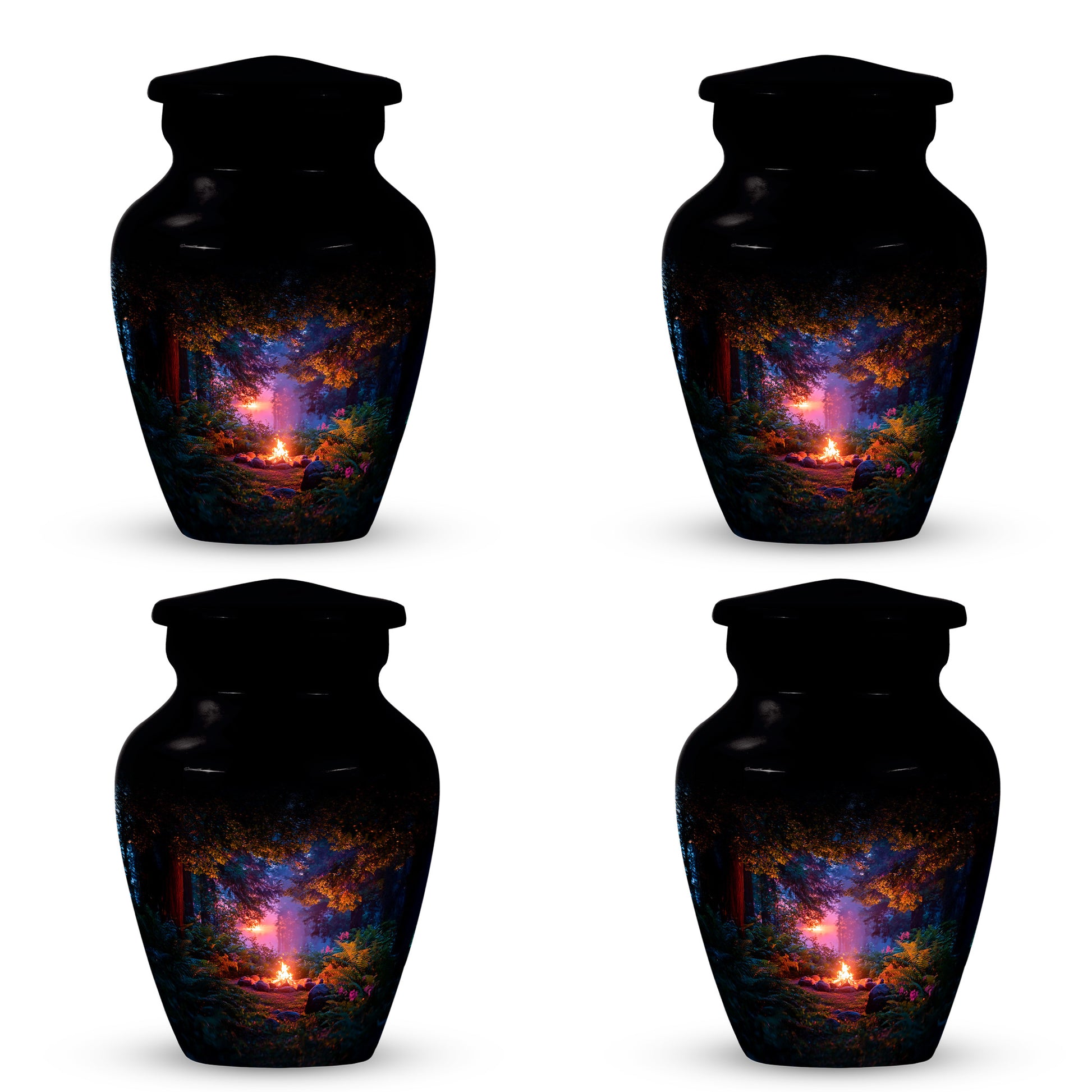 Onyx Black Campfire Cremation Urn side profile showing urn shape - traditional campfire engraving with hand-polished finish - 10 inch aluminum urn for cremated remains