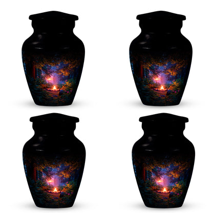 Onyx Black Campfire Cremation Urn side profile showing urn shape - traditional campfire engraving with hand-polished finish - 10 inch aluminum urn for cremated remains