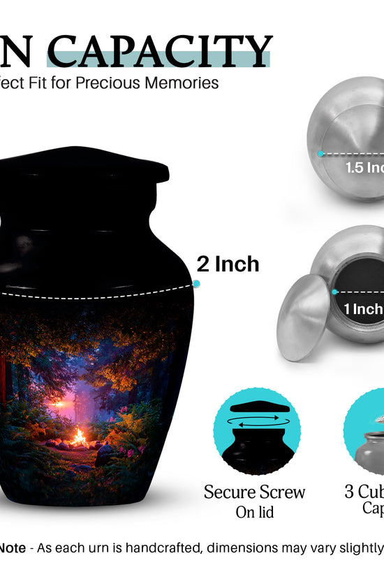 Deep Black Campfire Cremation Urn close-up of engraving and surface detail - classic sculpted campfire pattern on smooth aluminum - mini keepsake memorial for portion of cremation ashes