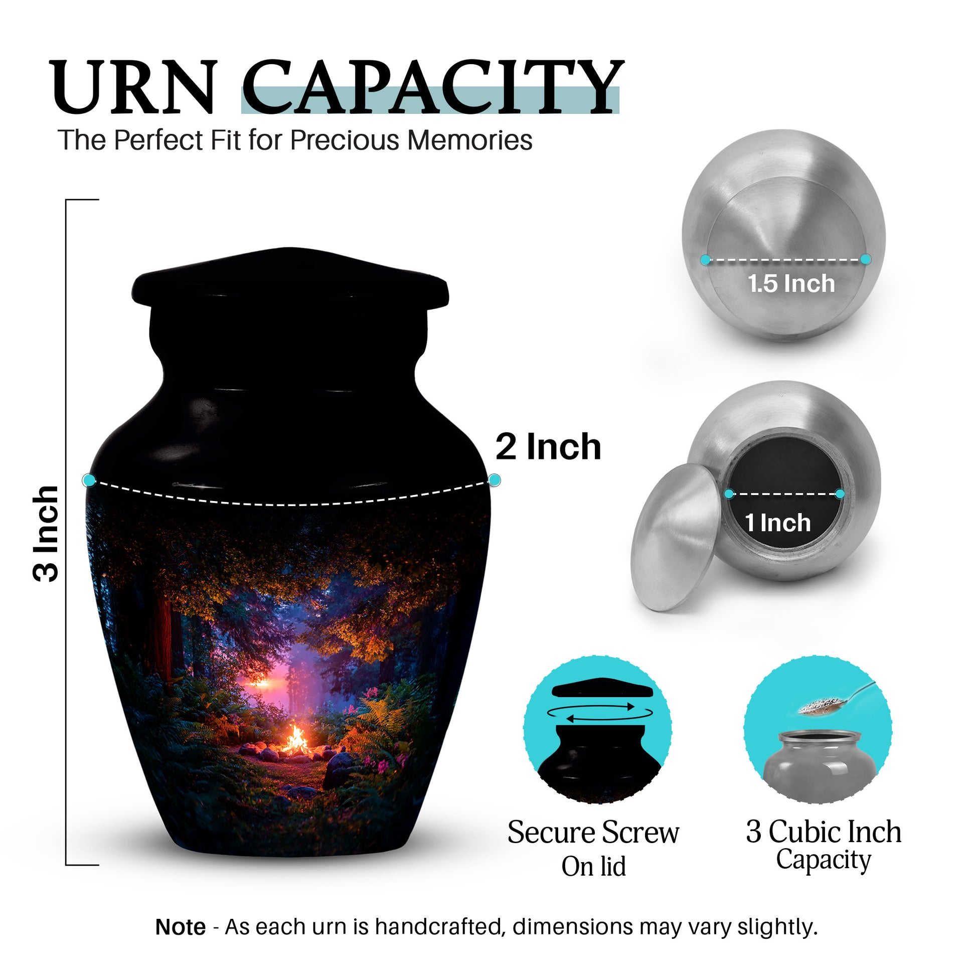 Deep Black Campfire Cremation Urn close-up of engraving and surface detail - classic sculpted campfire pattern on smooth aluminum - mini keepsake memorial for portion of cremation ashes