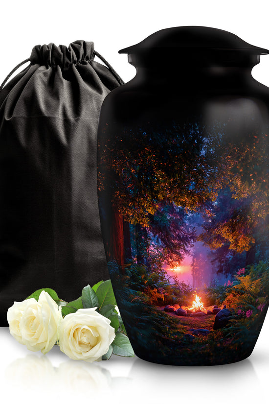 Ebony Campfire Cremation Urn angled view of lid and engraved motif - timeless campfire motif etched into premium metal - full-size 10 inch 200 cubic inch adult cremation urn