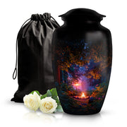 Ebony Campfire Cremation Urn angled view of lid and engraved motif - timeless campfire motif etched into premium metal - full-size 10 inch 200 cubic inch adult cremation urn