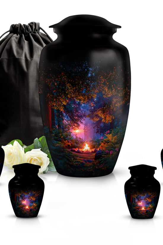 Deep Black Campfire Cremation Urn top-down view of secure threaded lid - timeless campfire motif etched into premium metal - memorial set with one large and four small urns