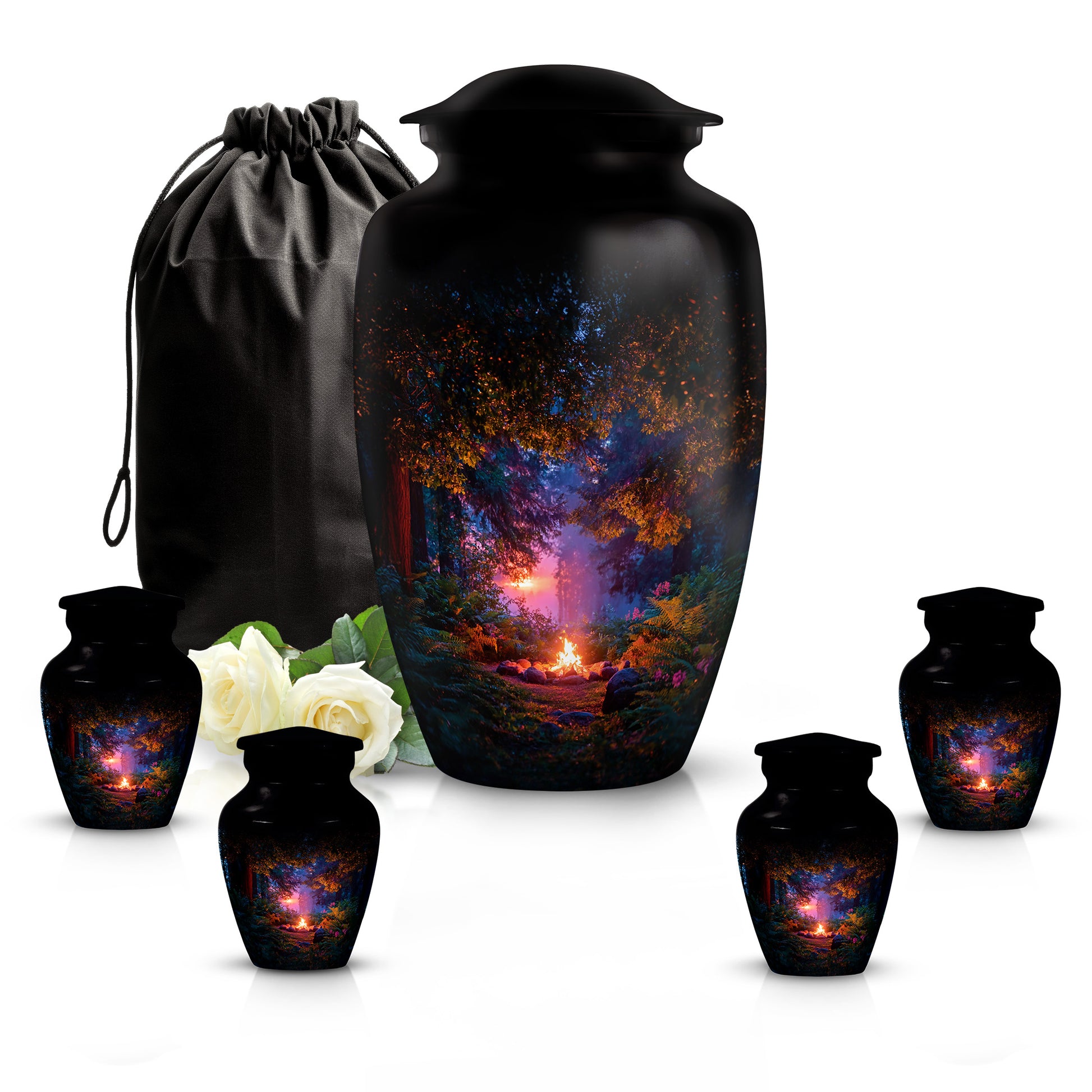 Deep Black Campfire Cremation Urn top-down view of secure threaded lid - timeless campfire motif etched into premium metal - memorial set with one large and four small urns
