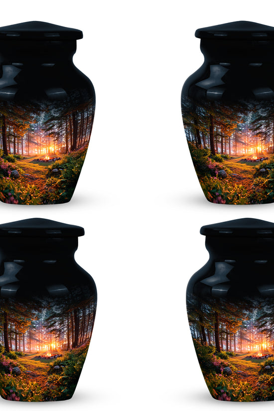 Glossy Black Campfire Cremation Urn side profile showing urn shape - timeless campfire motif etched into premium metal - 10 inch aluminum urn for cremated remains