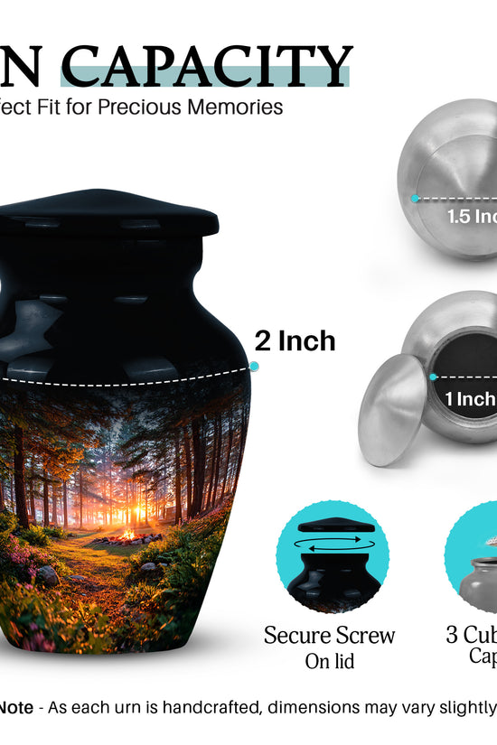 Ebony Campfire Cremation Urn close-up of engraving and surface detail - timeless campfire motif etched into premium metal - mini keepsake memorial for portion of cremation ashes