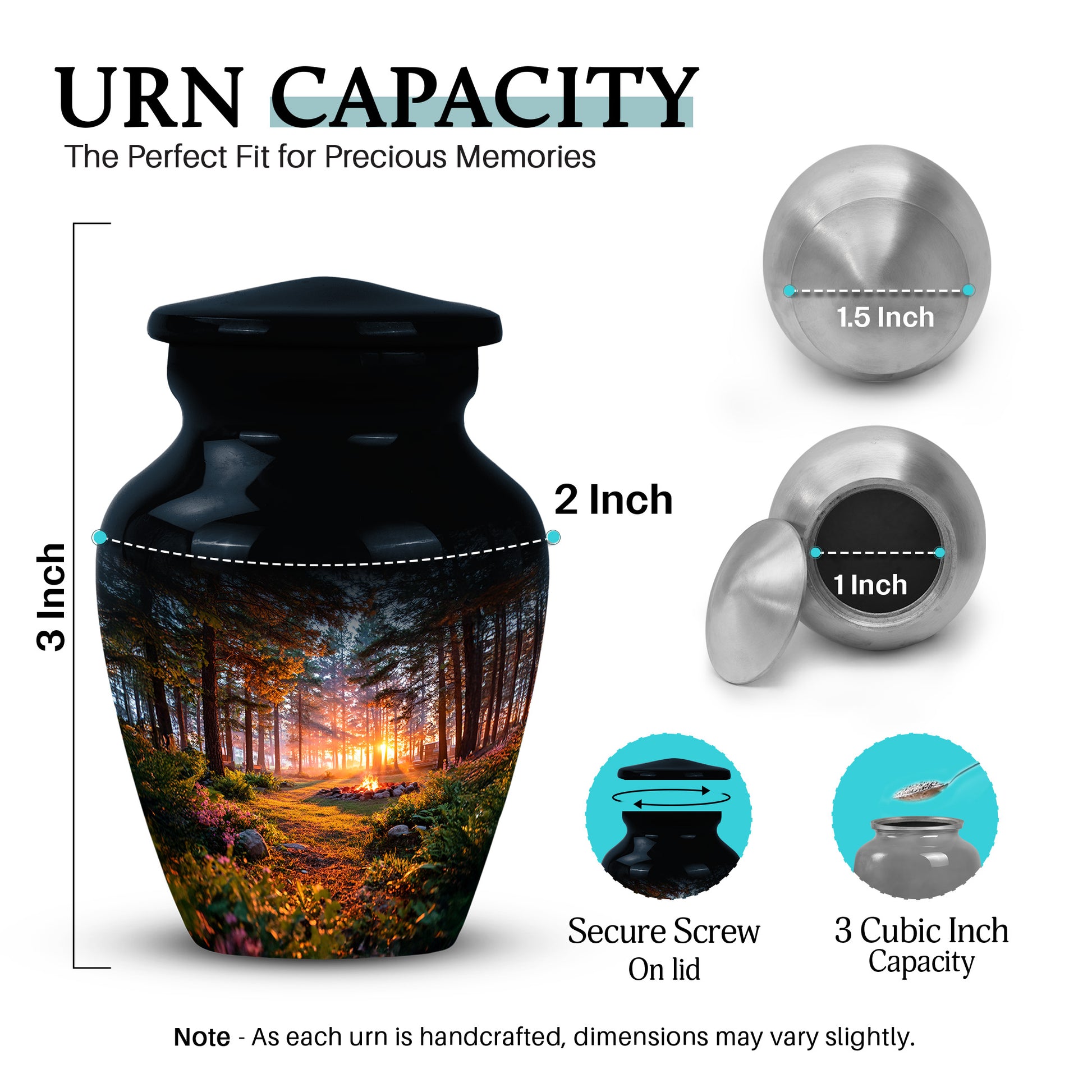 Ebony Campfire Cremation Urn close-up of engraving and surface detail - timeless campfire motif etched into premium metal - mini keepsake memorial for portion of cremation ashes