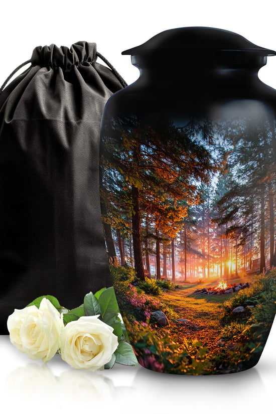 Dark Black Campfire Cremation Urn angled view of lid and engraved motif - traditional campfire engraving with hand-polished finish - full-size 10 inch 200 cubic inch adult cremation urn