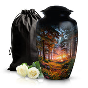 Dark Black Campfire Cremation Urn angled view of lid and engraved motif - traditional campfire engraving with hand-polished finish - full-size 10 inch 200 cubic inch adult cremation urn