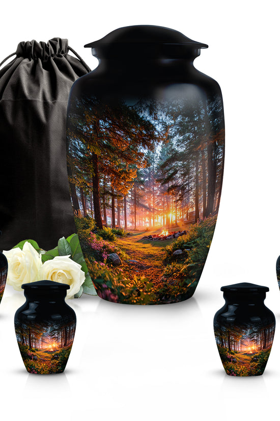 Jet Black Campfire Cremation Urn top-down view of secure threaded lid - classic sculpted campfire pattern on smooth aluminum - memorial set with one large and four small urns
