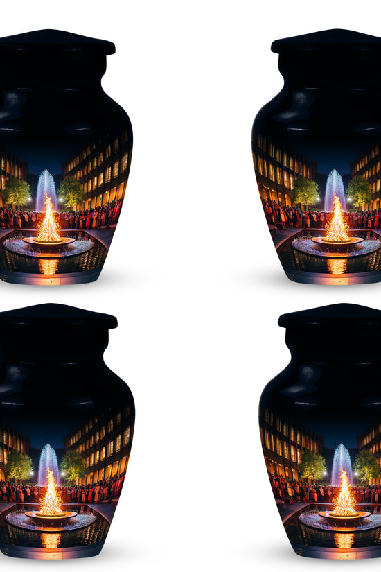 Jet Black Campfire Cremation Urn side profile showing urn shape - timeless campfire motif etched into premium metal - 10 inch aluminum urn for cremated remains