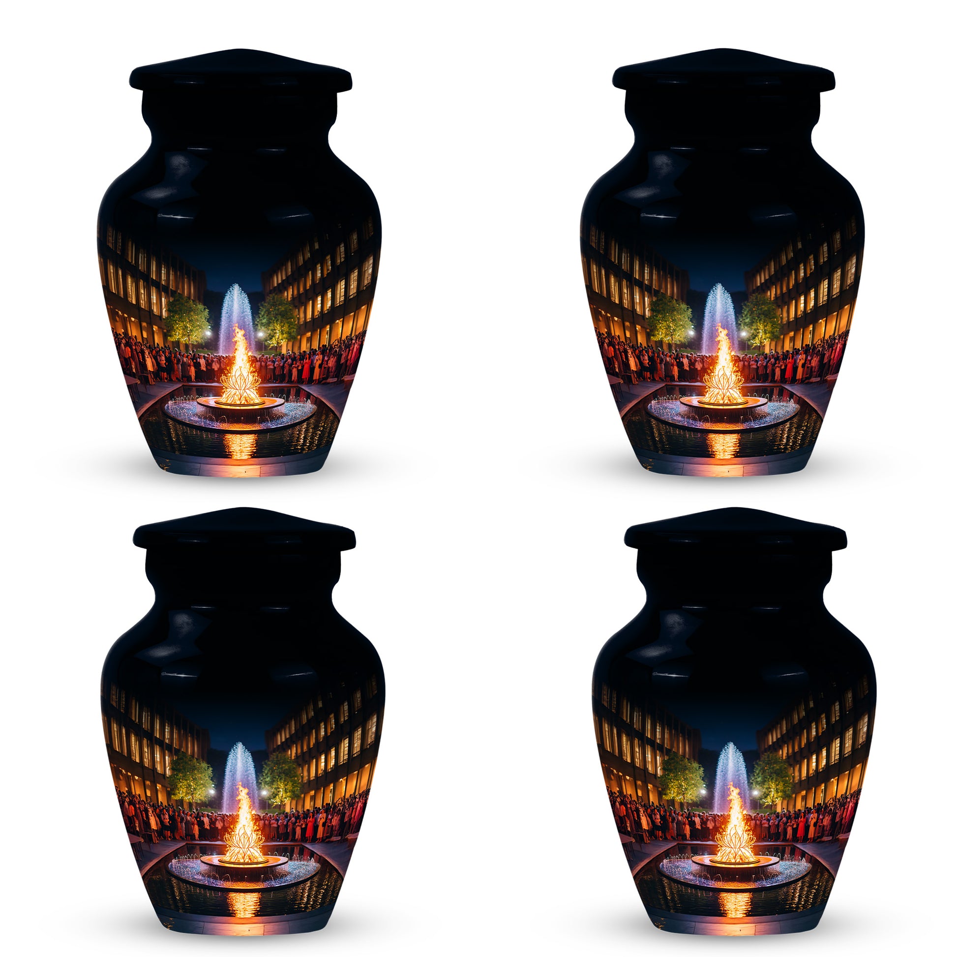 Jet Black Campfire Cremation Urn side profile showing urn shape - timeless campfire motif etched into premium metal - 10 inch aluminum urn for cremated remains