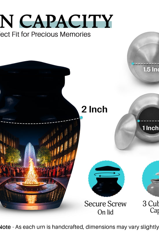 Onyx Black Campfire Cremation Urn close-up of engraving and surface detail - traditional campfire engraving with hand-polished finish - mini keepsake memorial for portion of cremation ashes