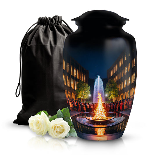Obsidian Black Campfire Cremation Urn angled view of lid and engraved motif - traditional campfire engraving with hand-polished finish - full-size 10 inch 200 cubic inch adult cremation urn