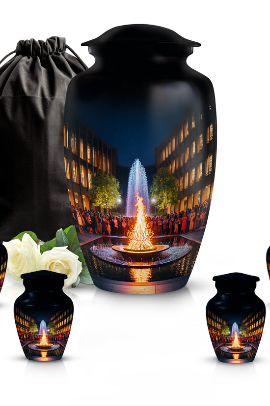 Deep Black Campfire Cremation Urn top-down view of secure threaded lid - timeless campfire motif etched into premium metal - memorial set with one large and four small urns