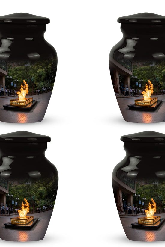 Rich Black Campfire Cremation Urn side profile showing urn shape - timeless campfire motif etched into premium metal - 10 inch aluminum urn for cremated remains