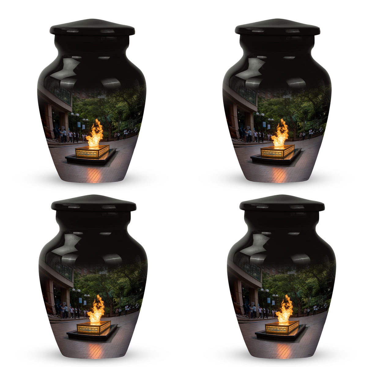 Rich Black Campfire Cremation Urn side profile showing urn shape - timeless campfire motif etched into premium metal - 10 inch aluminum urn for cremated remains