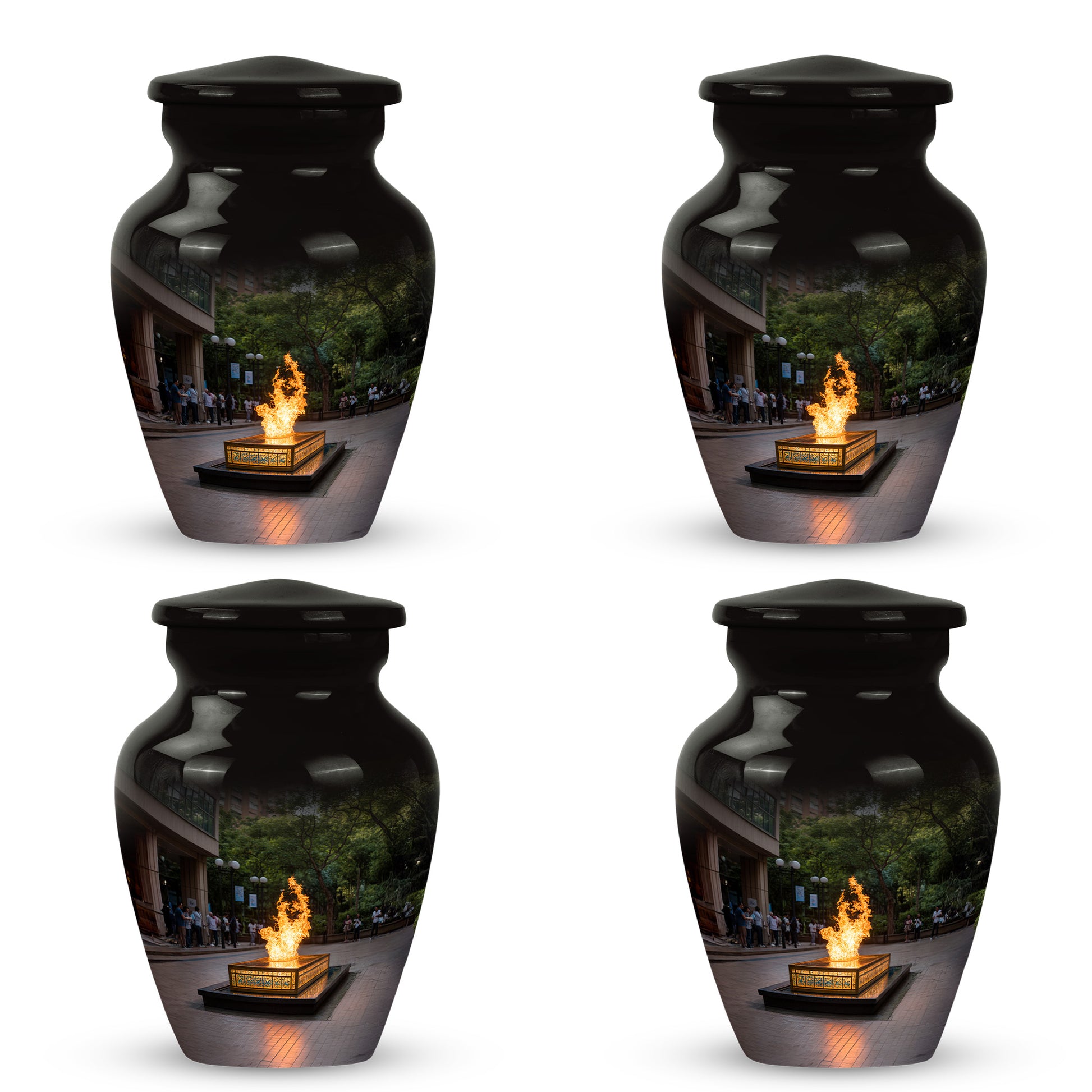 Rich Black Campfire Cremation Urn side profile showing urn shape - timeless campfire motif etched into premium metal - 10 inch aluminum urn for cremated remains