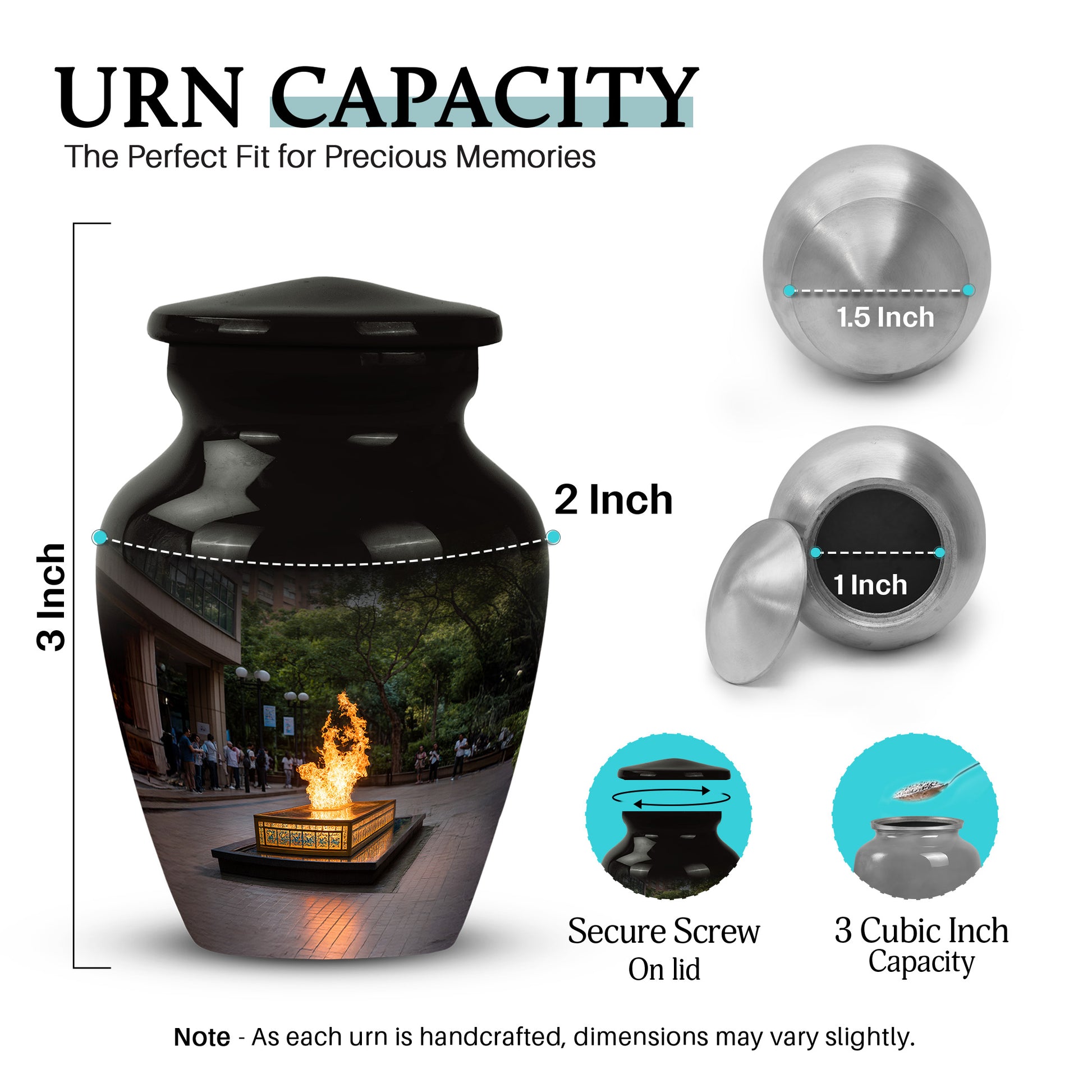 Glossy Black Campfire Cremation Urn close-up of engraving and surface detail - classic sculpted campfire pattern on smooth aluminum - mini keepsake memorial for portion of cremation ashes