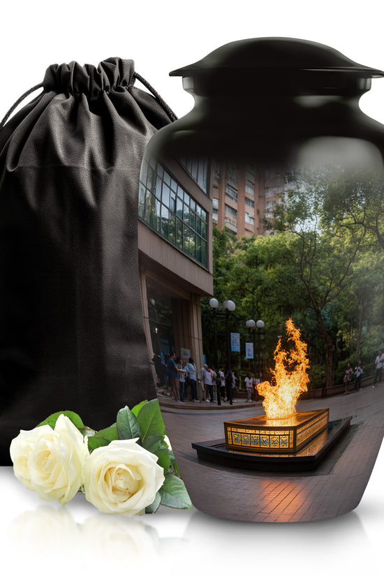 Obsidian Black Campfire Cremation Urn angled view of lid and engraved motif - traditional campfire engraving with hand-polished finish - full-size 10 inch 200 cubic inch adult cremation urn