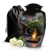 Obsidian Black Campfire Cremation Urn angled view of lid and engraved motif - traditional campfire engraving with hand-polished finish - full-size 10 inch 200 cubic inch adult cremation urn