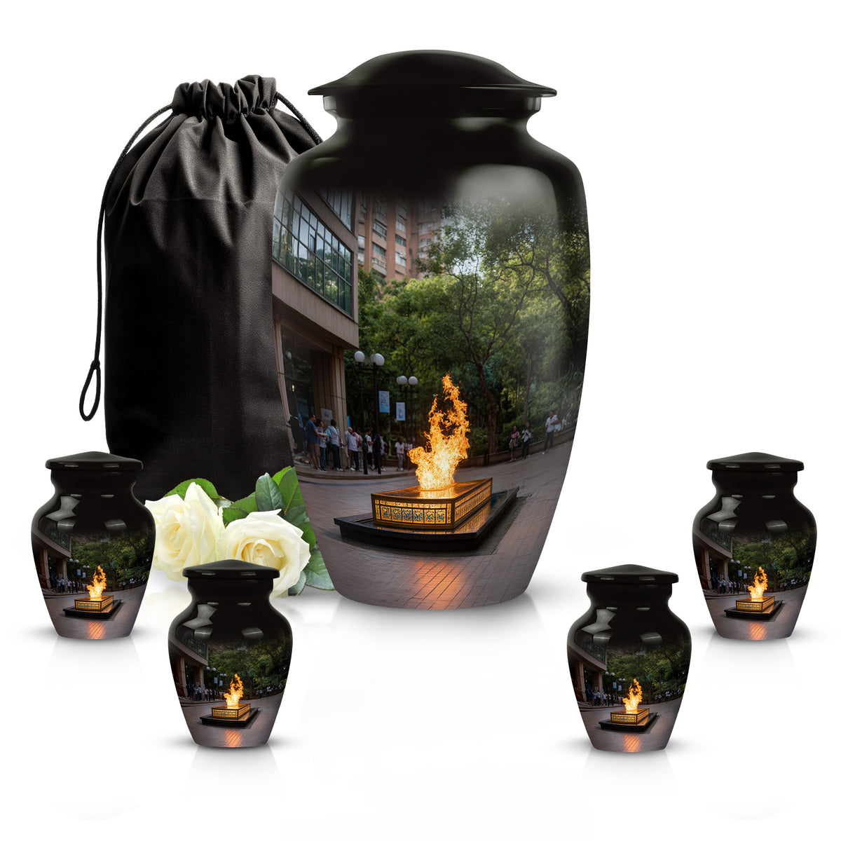 Glossy Black Campfire Cremation Urn top-down view of secure threaded lid - timeless campfire motif etched into premium metal - memorial set with one large and four small urns