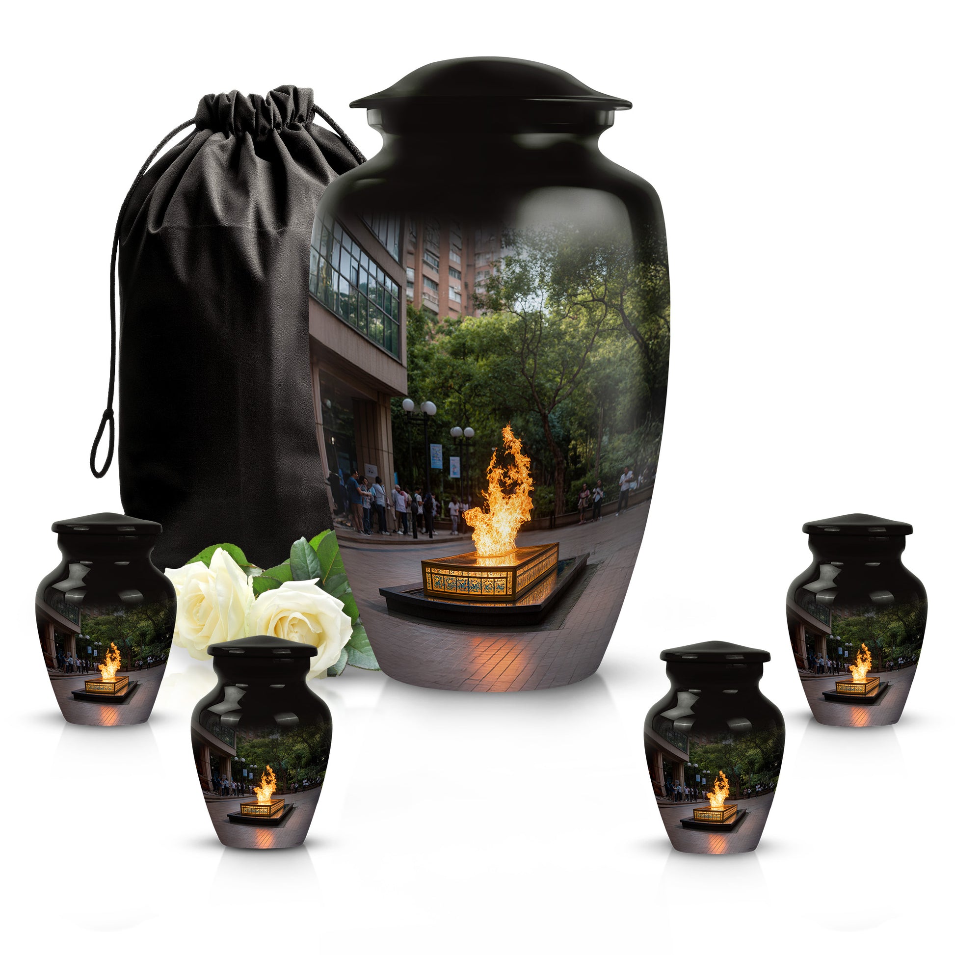 Glossy Black Campfire Cremation Urn top-down view of secure threaded lid - timeless campfire motif etched into premium metal - memorial set with one large and four small urns