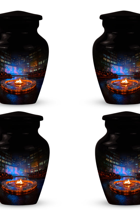 Glossy Black Campfire Cremation Urn side profile showing urn shape - classic sculpted campfire pattern on smooth aluminum - 10 inch aluminum urn for cremated remains