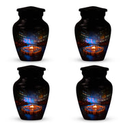 Glossy Black Campfire Cremation Urn side profile showing urn shape - classic sculpted campfire pattern on smooth aluminum - 10 inch aluminum urn for cremated remains