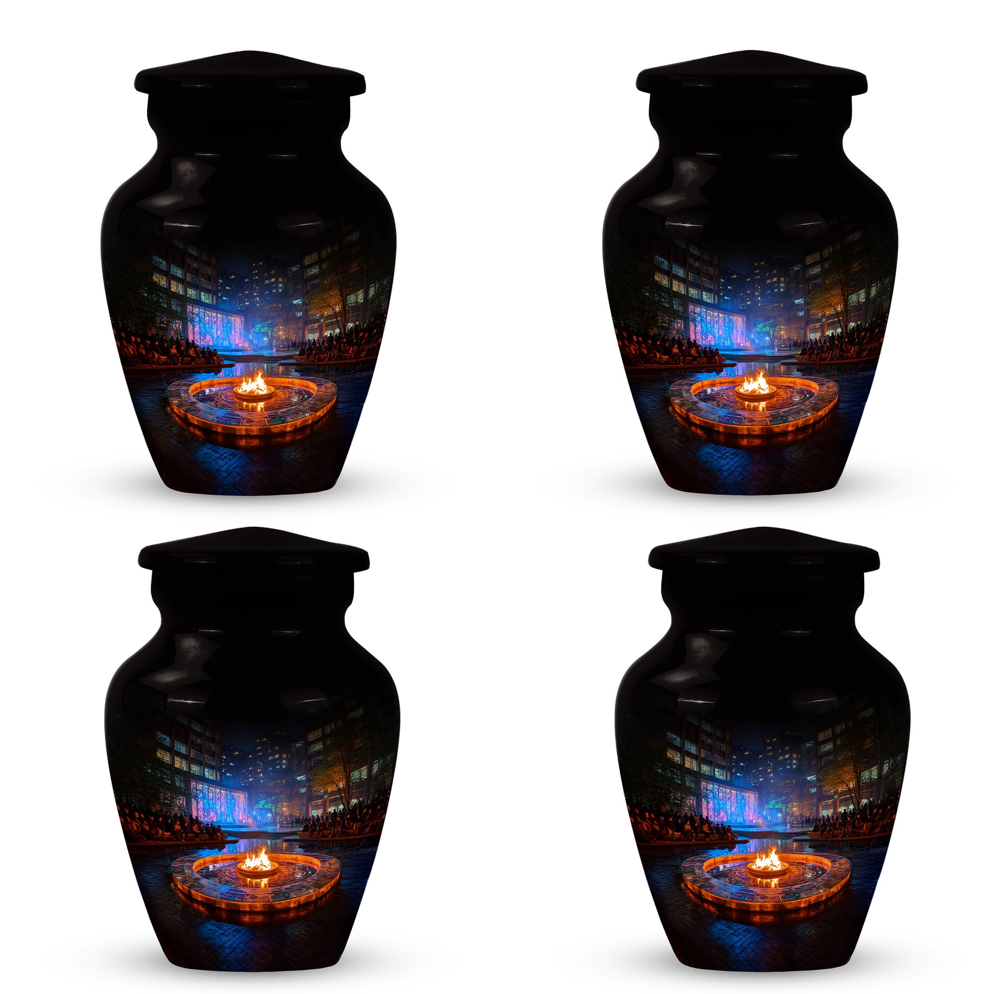 Glossy Black Campfire Cremation Urn side profile showing urn shape - classic sculpted campfire pattern on smooth aluminum - 10 inch aluminum urn for cremated remains
